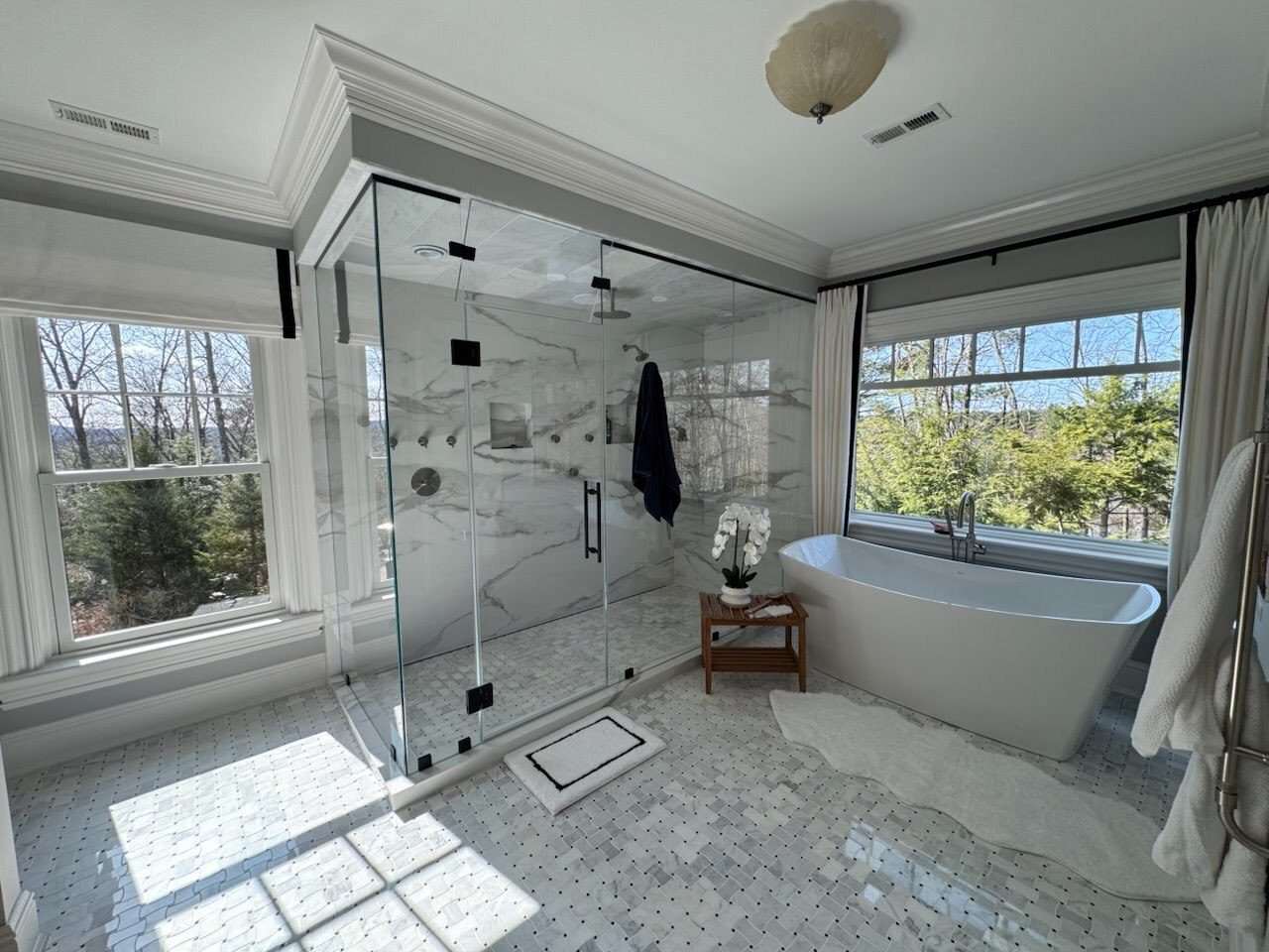 Luxury master bathroom with glass walk-in shower and soaking tub, bathroom remodeling Berlin CT