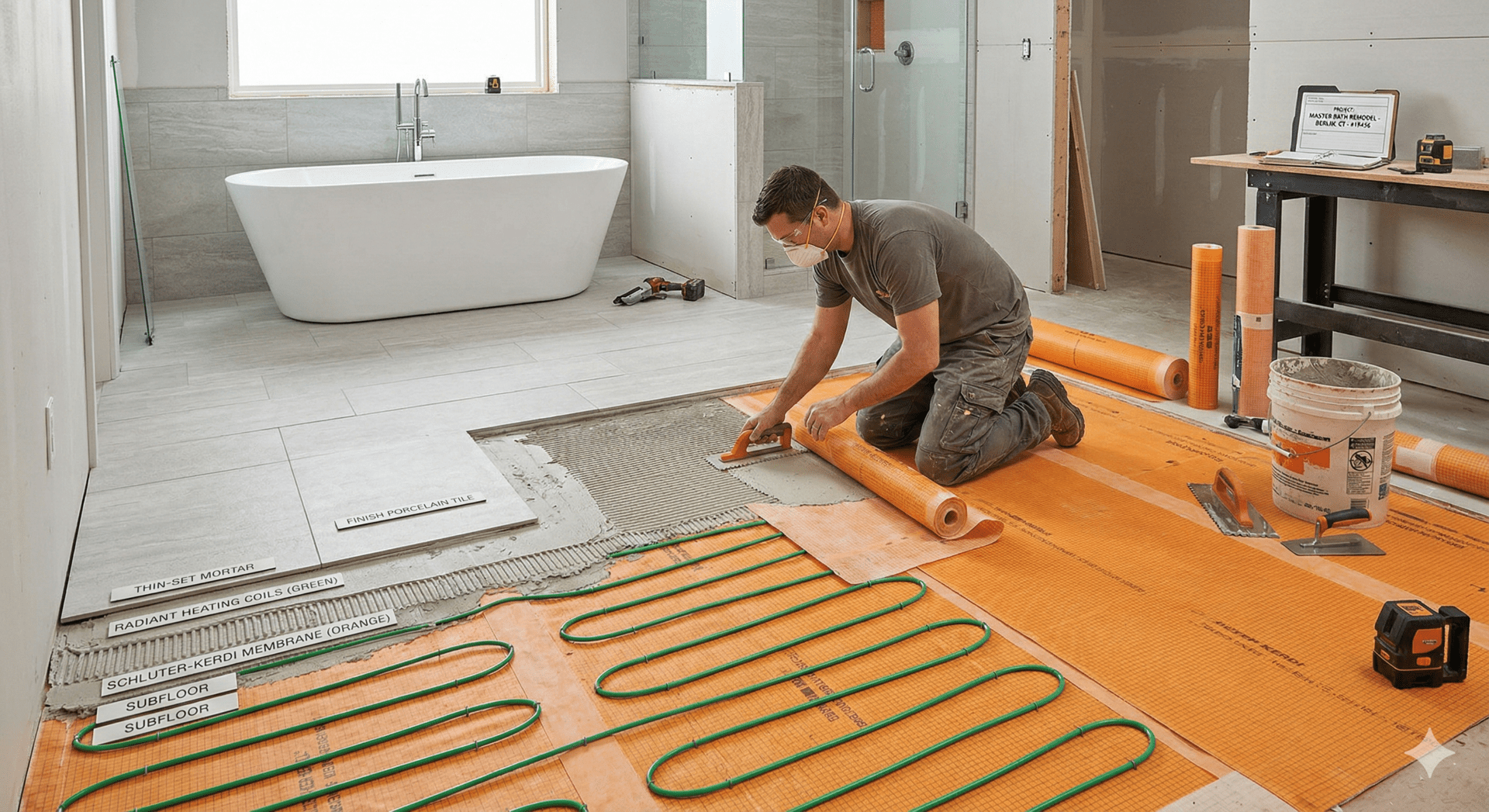Radiant heated bathroom floor installation in Southington CT showing electrical heating cables over uncoupling membrane